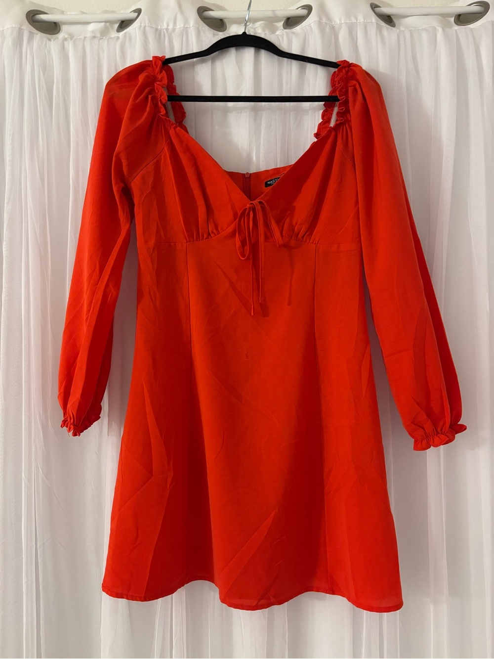 Nasty Gal Red Balloon Long-Sleeve Mini Dress with Tie Front